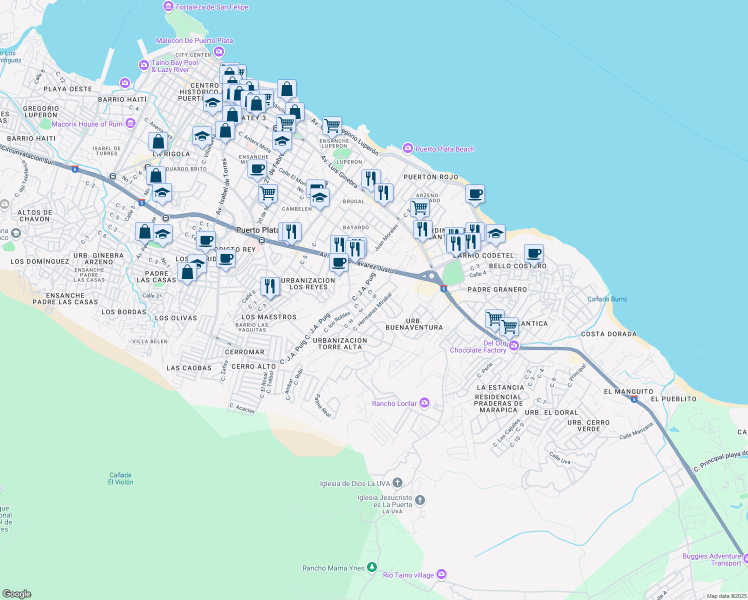 map of restaurants, bars, coffee shops, grocery stores, and more near 21 Calle H in Puerto Plata