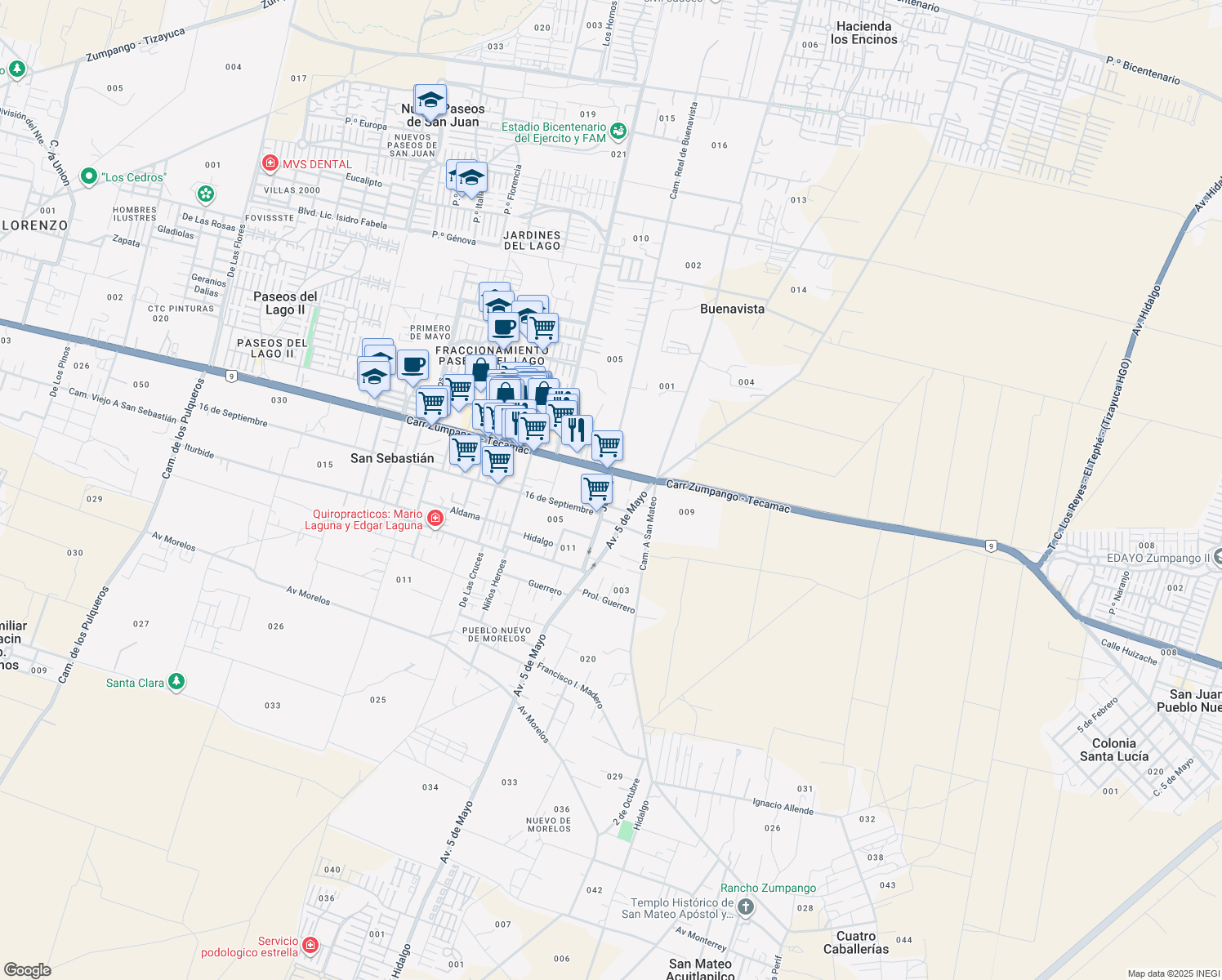map of restaurants, bars, coffee shops, grocery stores, and more near Juárez in Zumpango de Ocampo