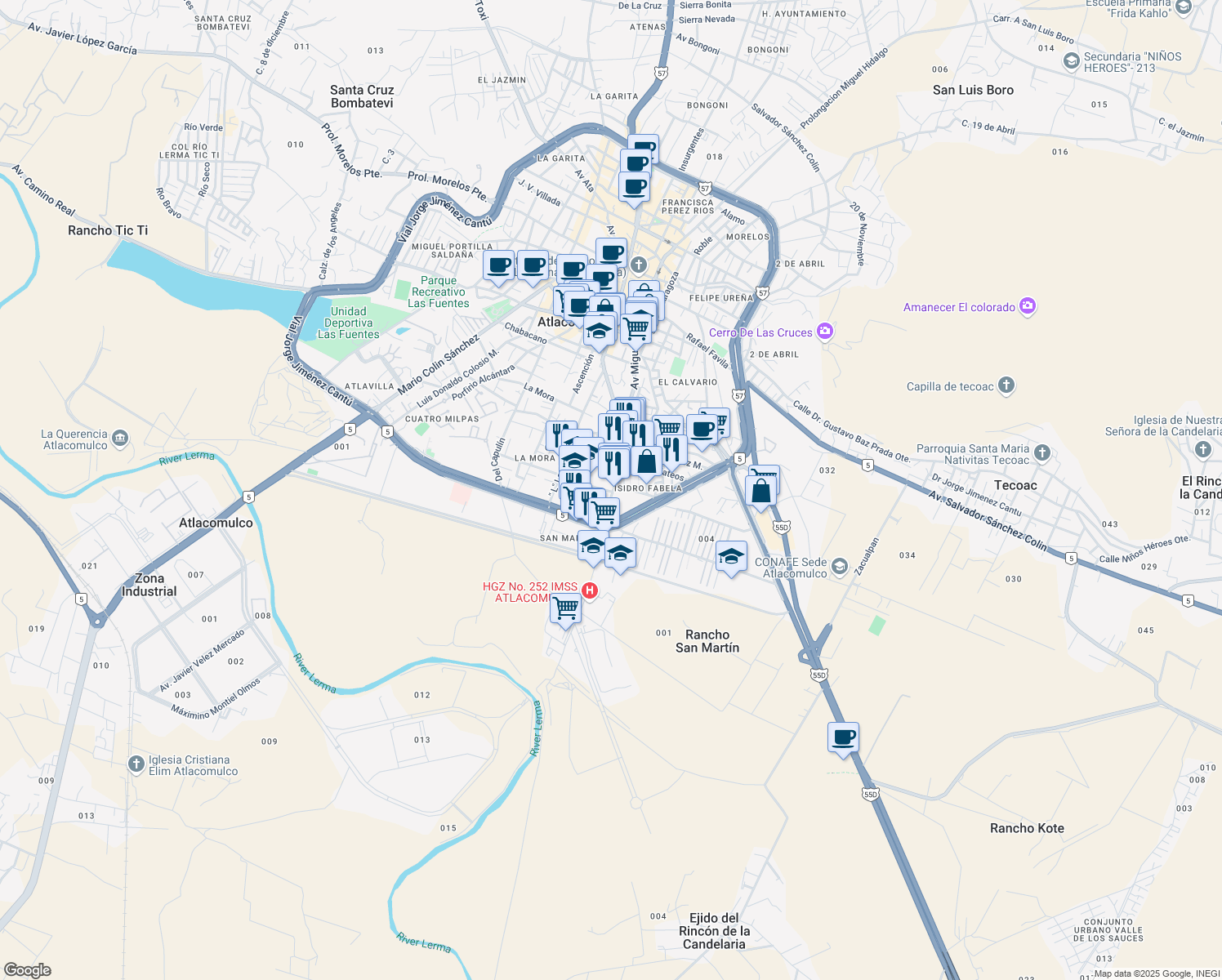 map of restaurants, bars, coffee shops, grocery stores, and more near 21 Ingeniero Luis Galindo Ruiz in Atlacomulco