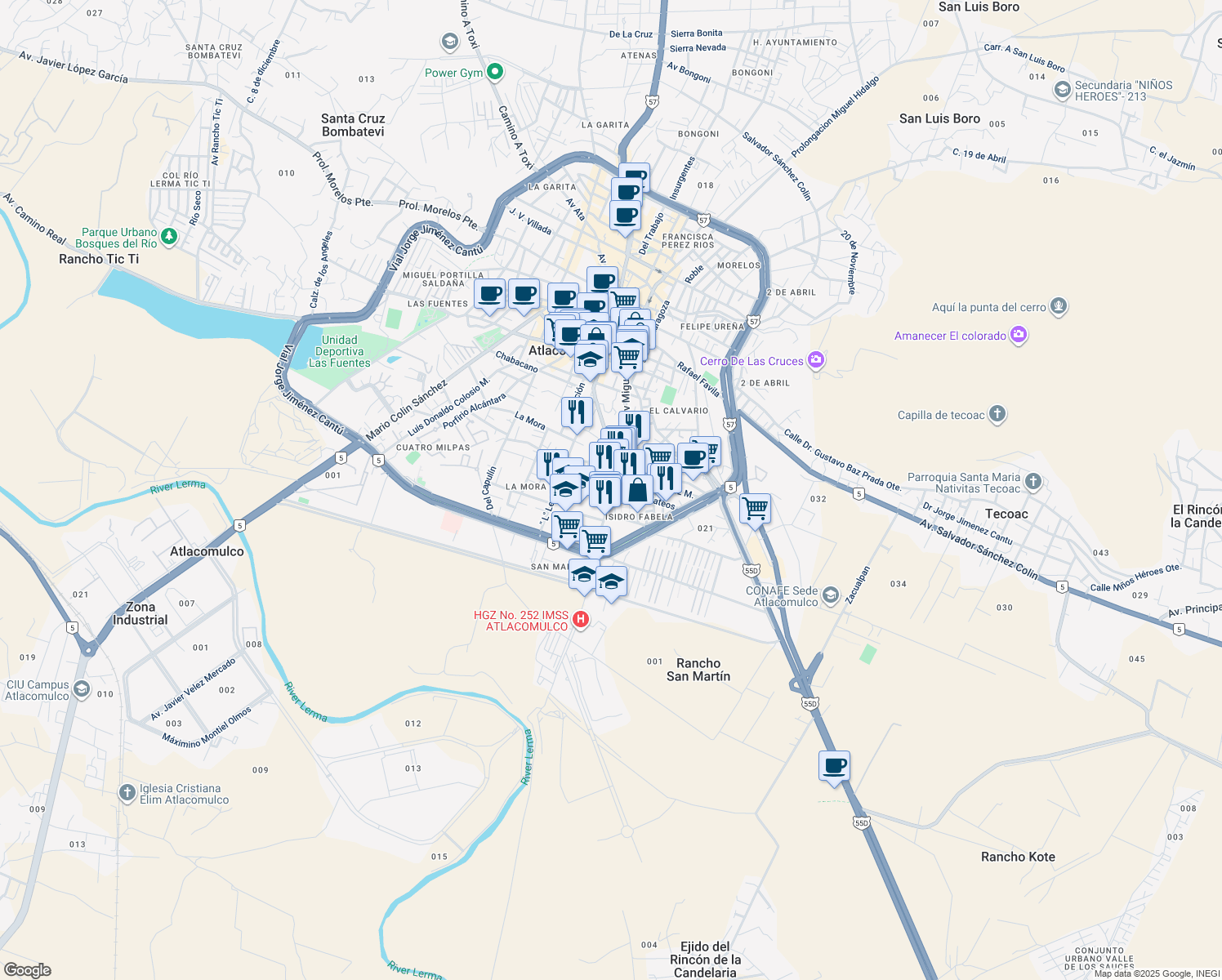 map of restaurants, bars, coffee shops, grocery stores, and more near 21 Ingeniero Luis Galindo Ruiz in Atlacomulco