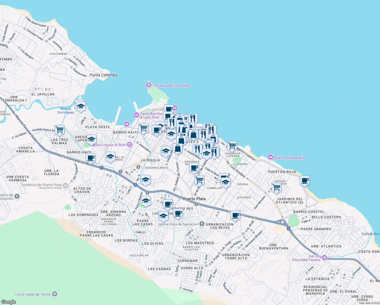 map of restaurants, bars, coffee shops, grocery stores, and more near Calle Antera Mota in Puerto Plata