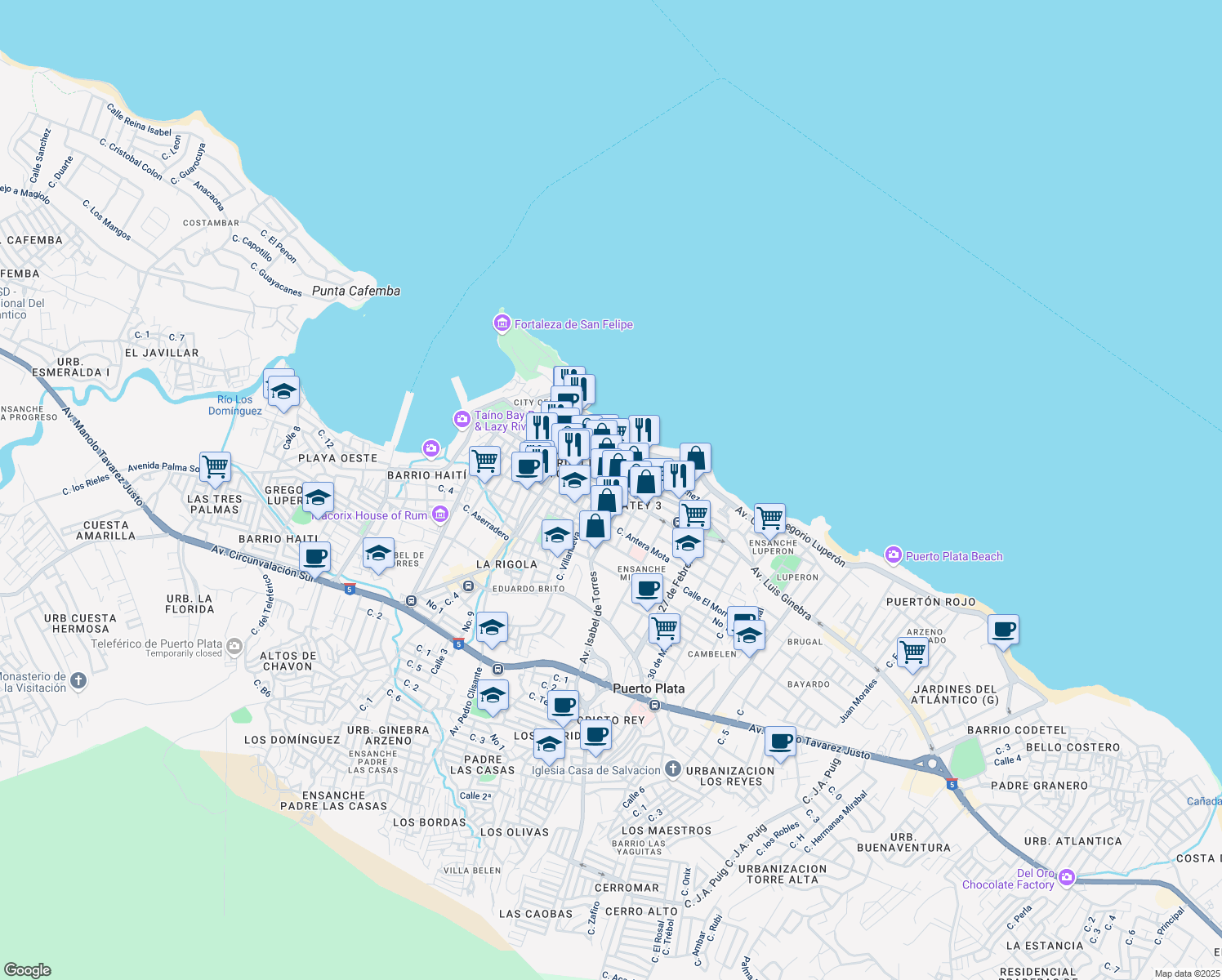 map of restaurants, bars, coffee shops, grocery stores, and more near Calle Beller in Puerto Plata