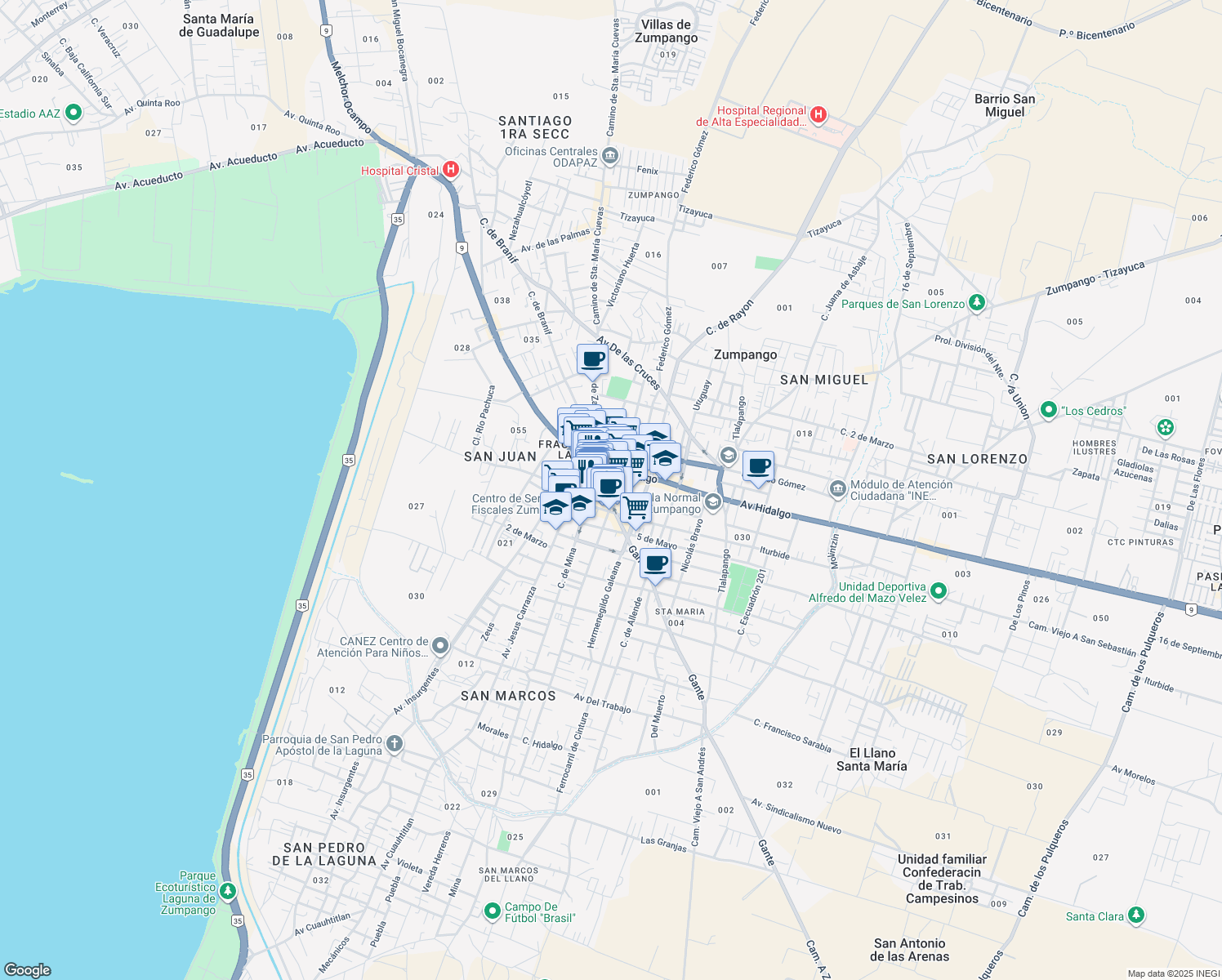 map of restaurants, bars, coffee shops, grocery stores, and more near Juárez in Zumpango de Ocampo