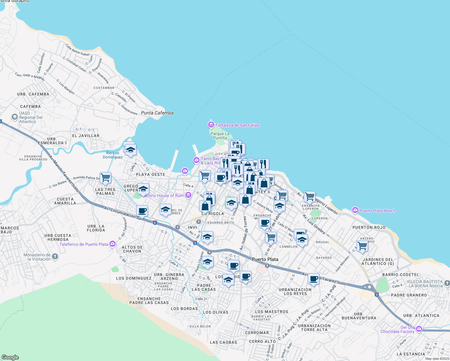 map of restaurants, bars, coffee shops, grocery stores, and more near Calle José del Carmen Ariza in Puerto Plata