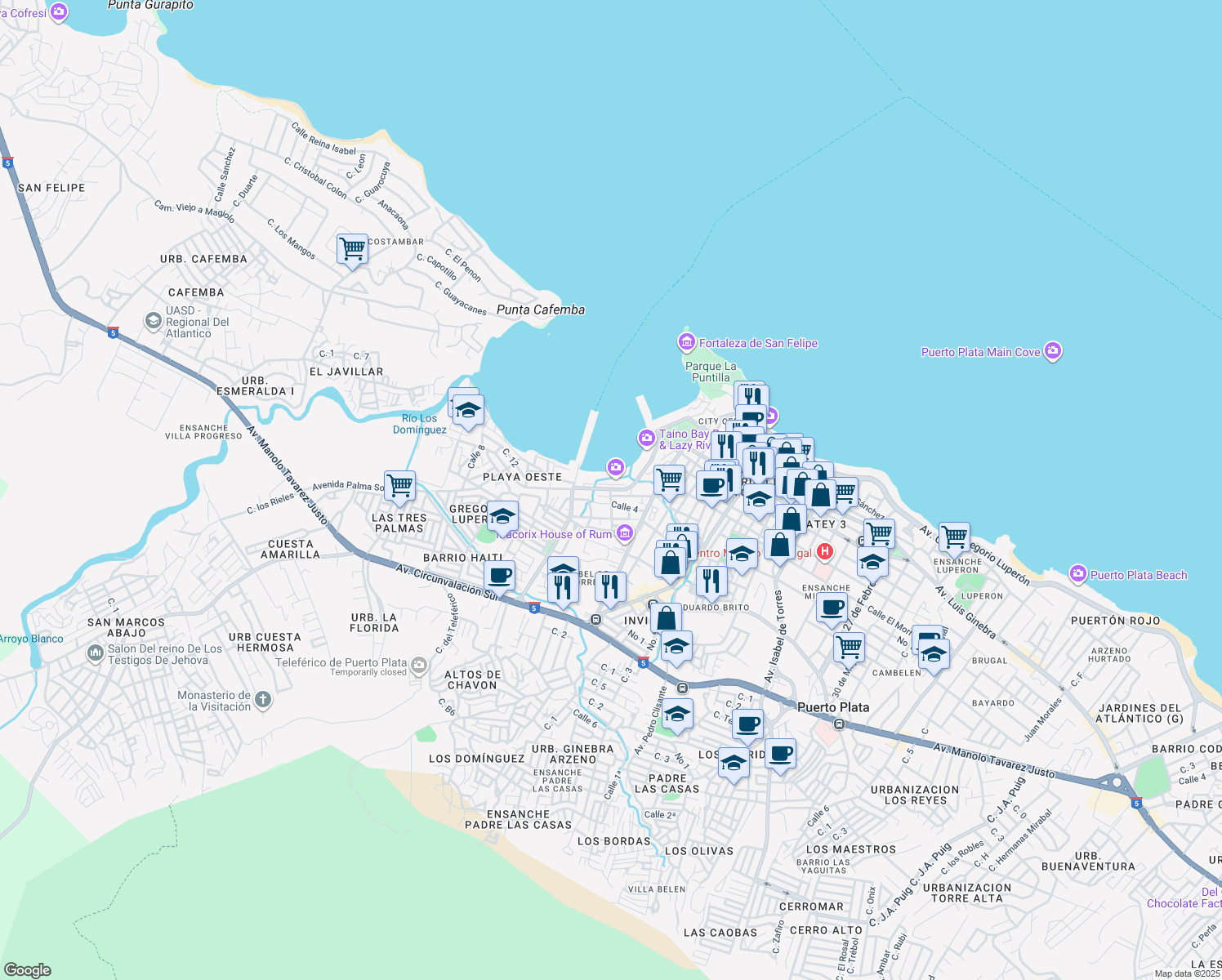 map of restaurants, bars, coffee shops, grocery stores, and more near Antigua via ferrea in Puerto Plata