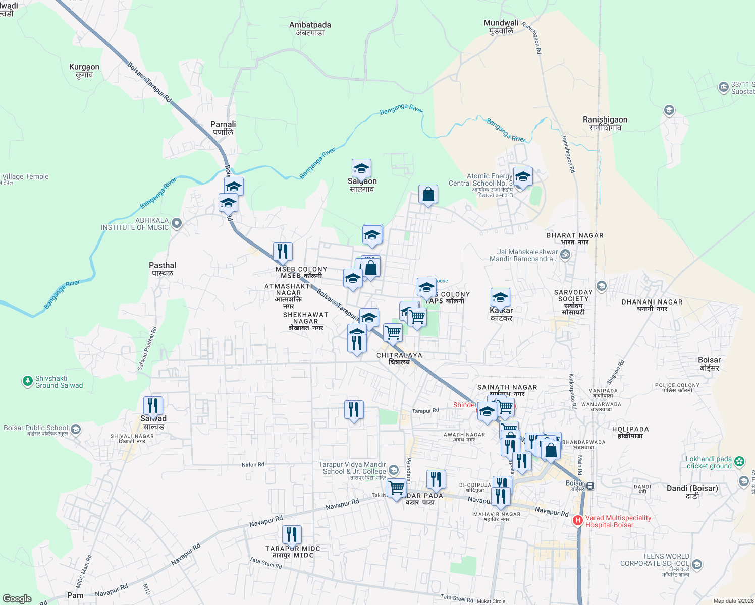 map of restaurants, bars, coffee shops, grocery stores, and more near Boisar Tarapur Road in Boisar