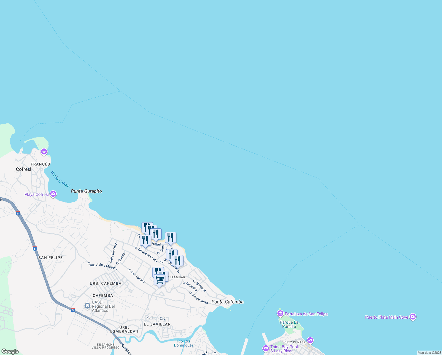 map of restaurants, bars, coffee shops, grocery stores, and more near in Puerto Plata