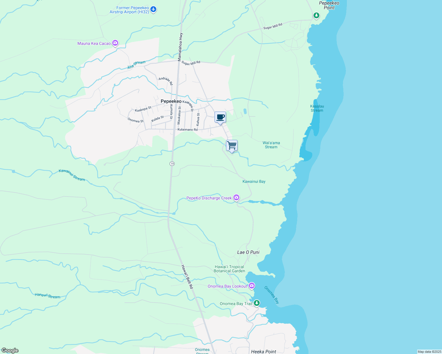 map of restaurants, bars, coffee shops, grocery stores, and more near 27-999 Mamalahoa Hwy in Pepeekeo