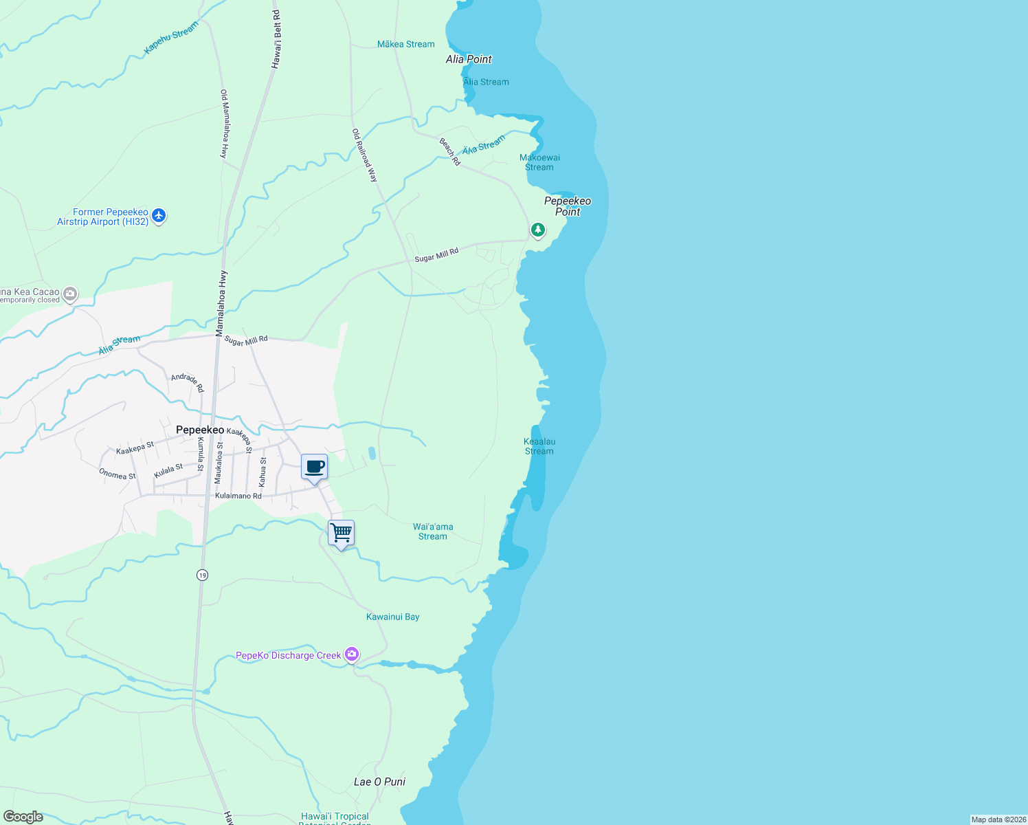 map of restaurants, bars, coffee shops, grocery stores, and more near 28-1172 Loa in Pepeekeo