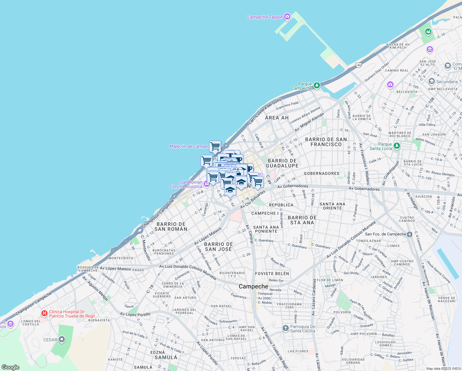 map of restaurants, bars, coffee shops, grocery stores, and more near Calle 61 in San Francisco de Campeche
