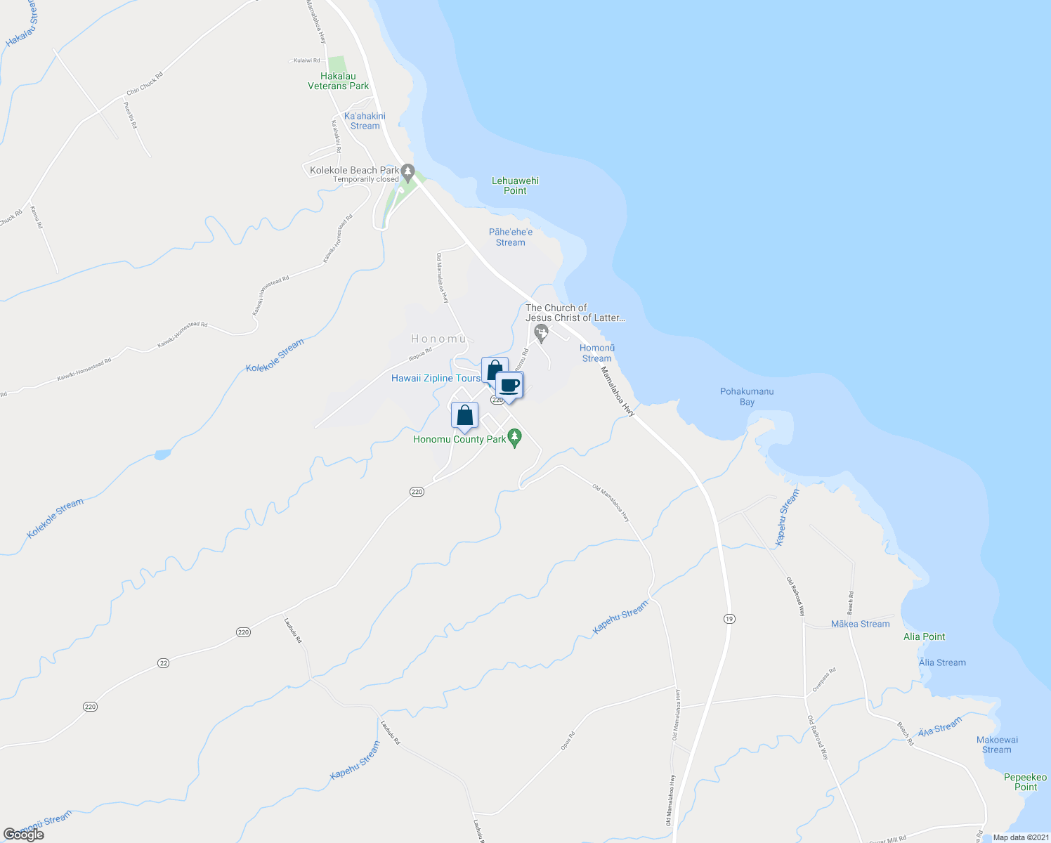 map of restaurants, bars, coffee shops, grocery stores, and more near 28-1654 Old Mamalahoa Highway in Pepeekeo