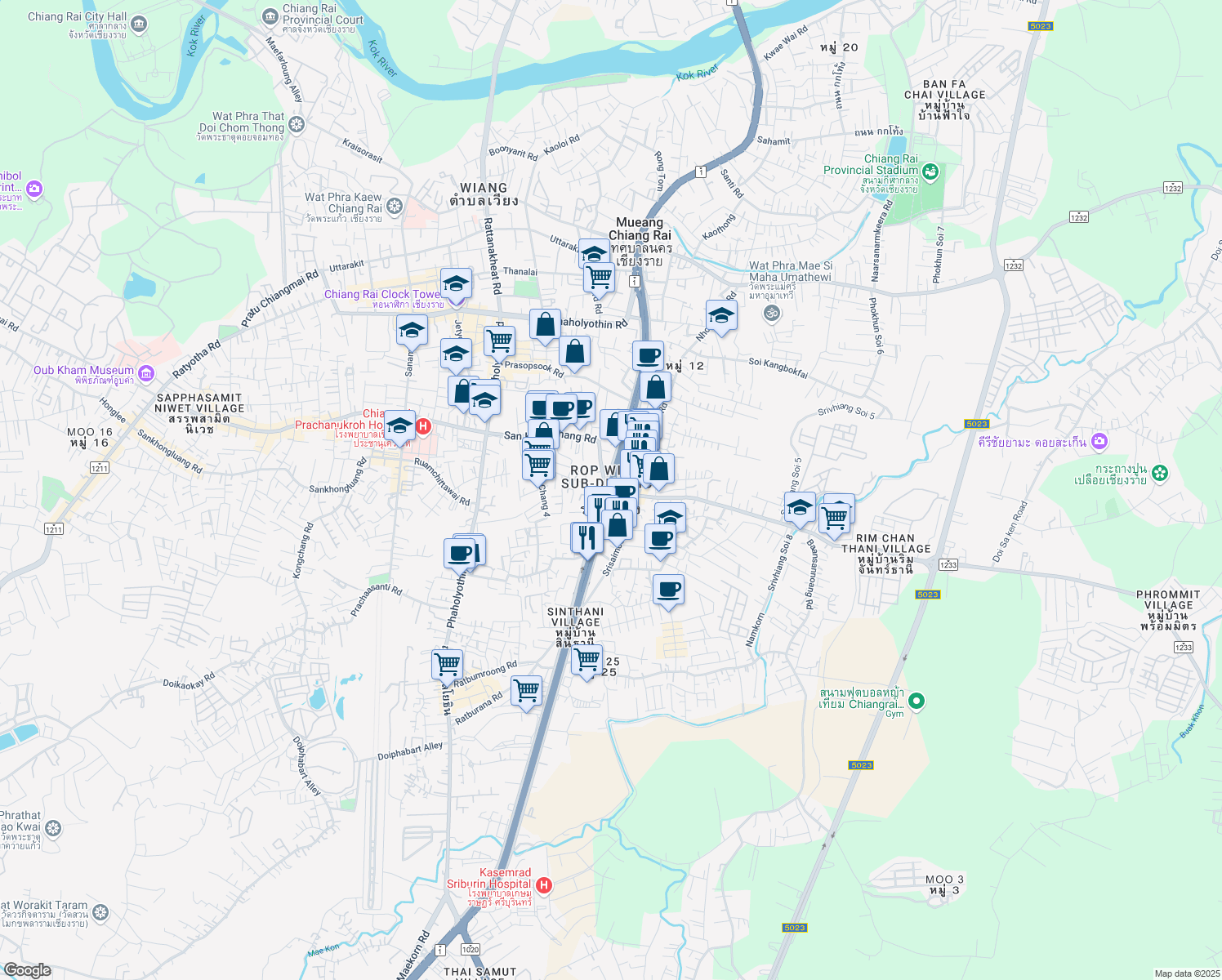 map of restaurants, bars, coffee shops, grocery stores, and more near in Mueang Chiang Rai District