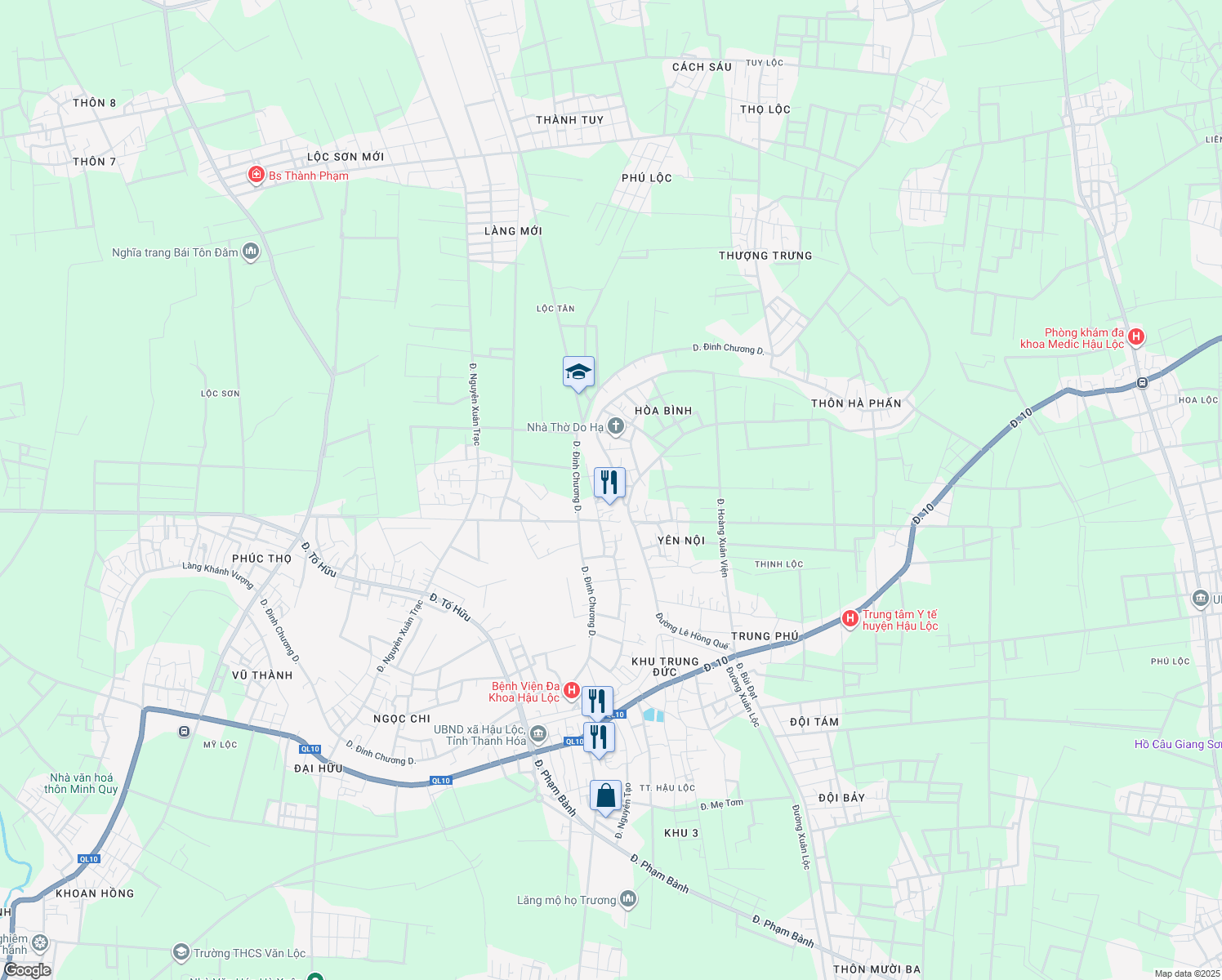 map of restaurants, bars, coffee shops, grocery stores, and more near in Hau Loc District
