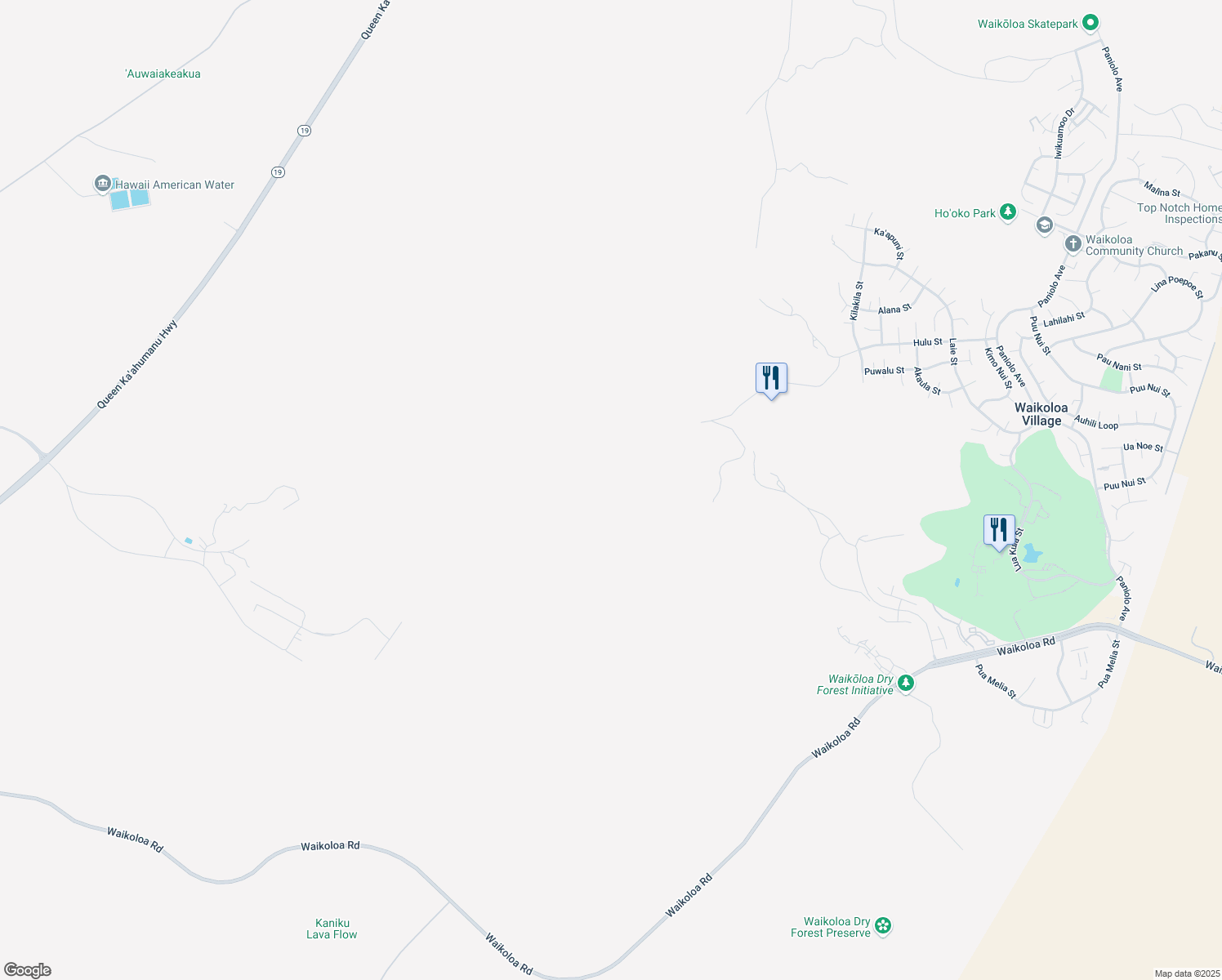 map of restaurants, bars, coffee shops, grocery stores, and more near 68-1694 Hulu Street in Waikoloa Village