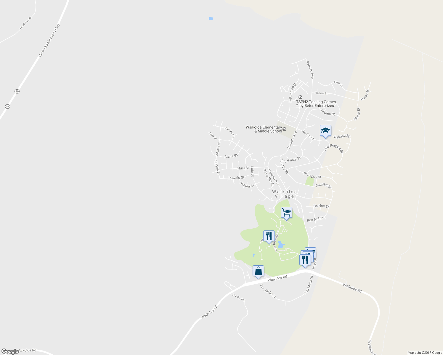 map of restaurants, bars, coffee shops, grocery stores, and more near 68-1749 Kualapa Place in Waikoloa Village