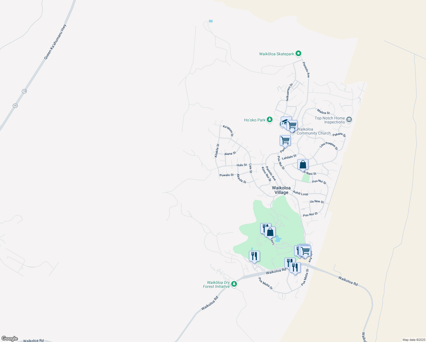 map of restaurants, bars, coffee shops, grocery stores, and more near 68-1694 Hulu Street in Waikoloa Village