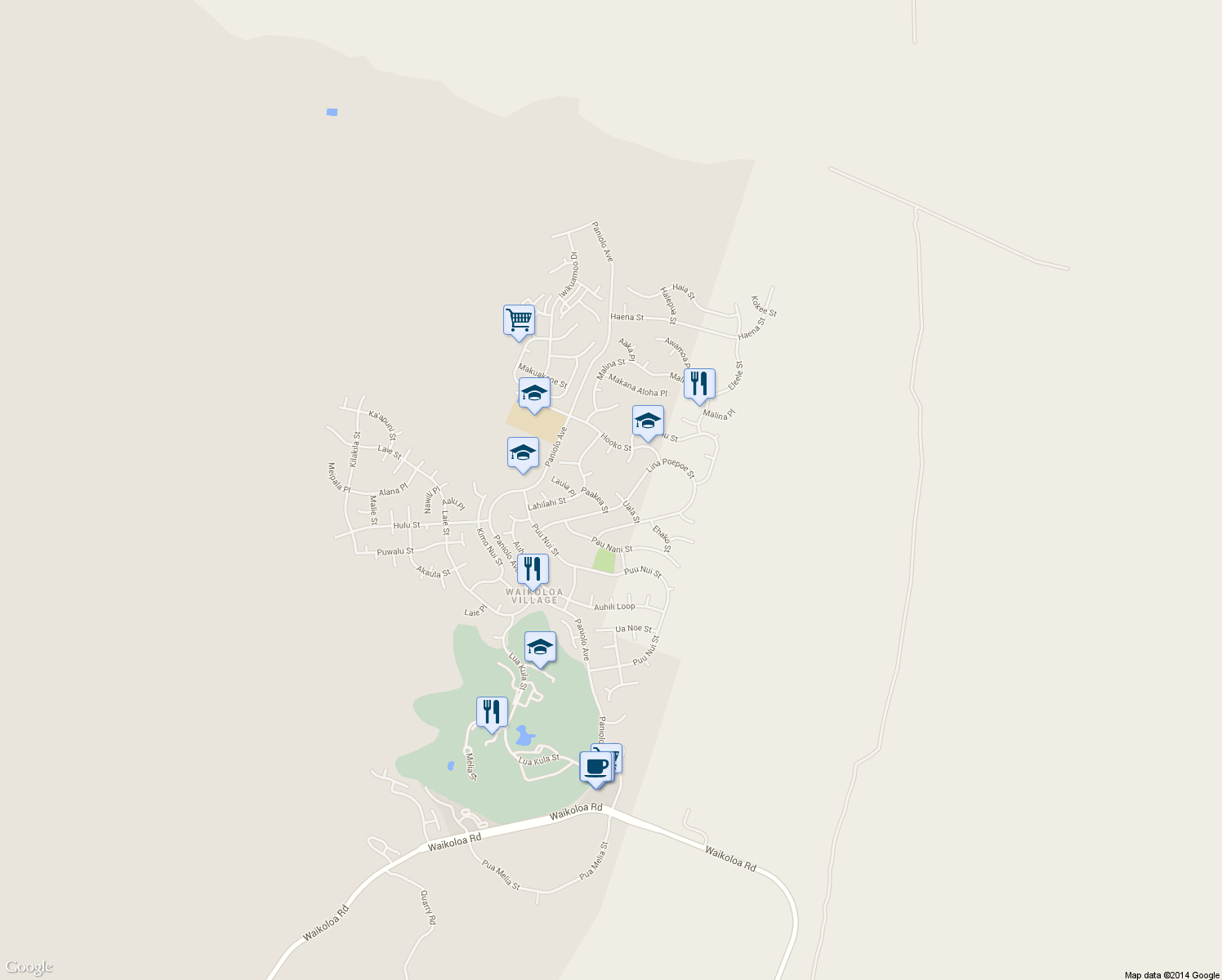 map of restaurants, bars, coffee shops, grocery stores, and more near 68-1790 Uala Place in Waikoloa Village