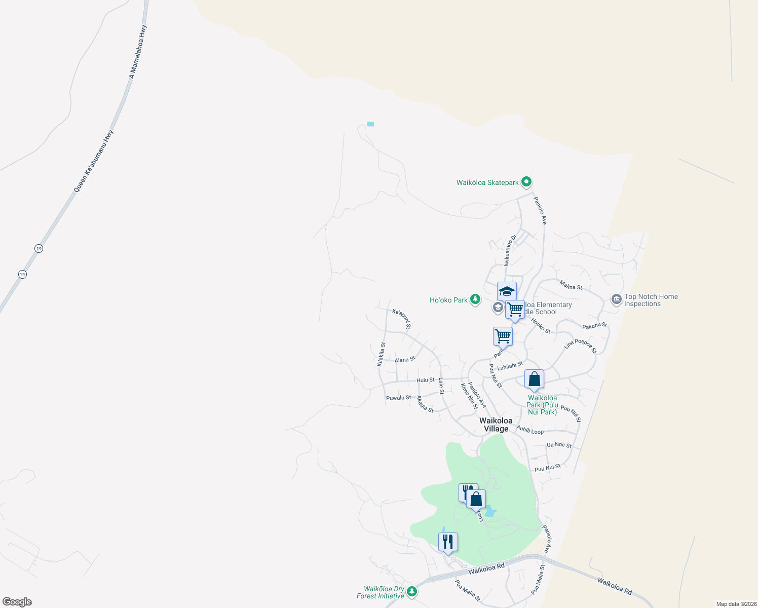 map of restaurants, bars, coffee shops, grocery stores, and more near 68-1607 Ho'olauna Way in Waimea