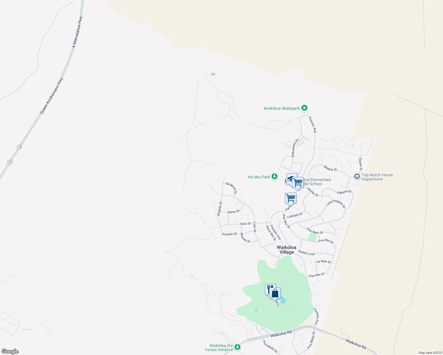 map of restaurants, bars, coffee shops, grocery stores, and more near 68-1607 Ho'olauna Way in Waimea
