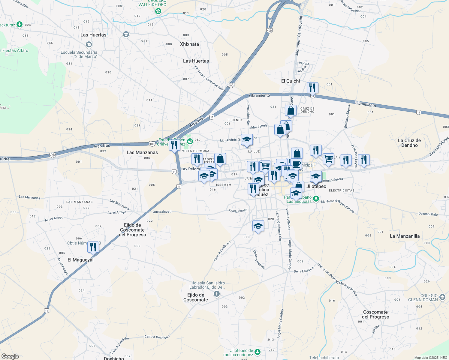 map of restaurants, bars, coffee shops, grocery stores, and more near 118 Vicente Guerrero Poniente in Jilotepec de Molina Enríquez