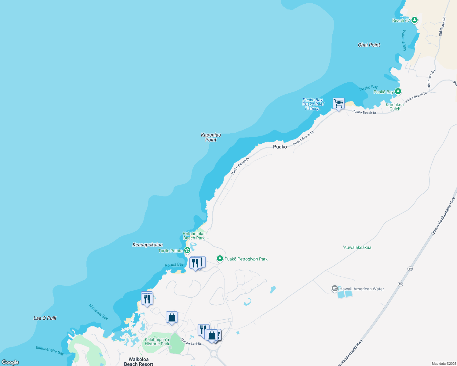 map of restaurants, bars, coffee shops, grocery stores, and more near 69-1909 Puako Beach Drive in Waimea
