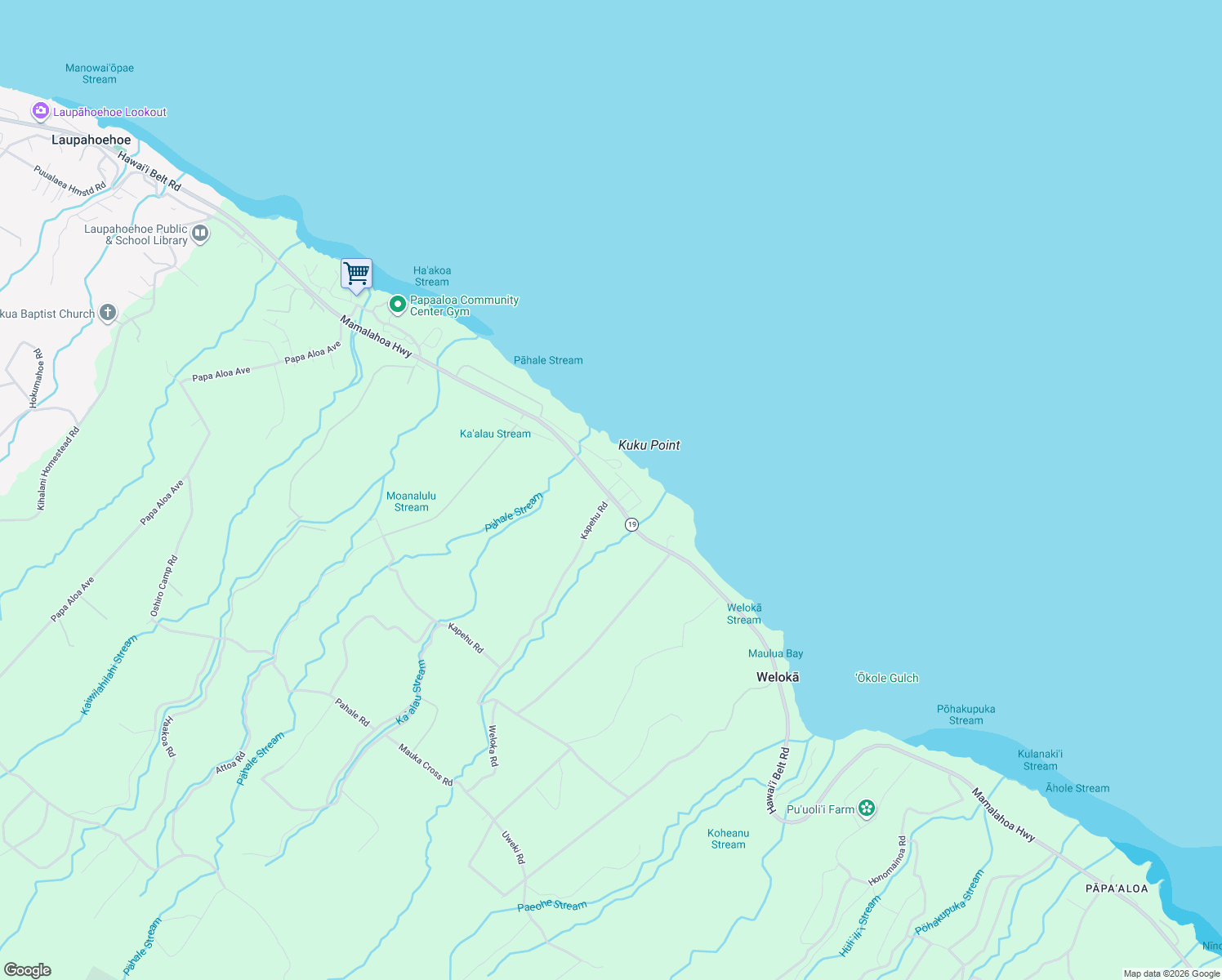 map of restaurants, bars, coffee shops, grocery stores, and more near 321 Koi Loop in Laupahoehoe
