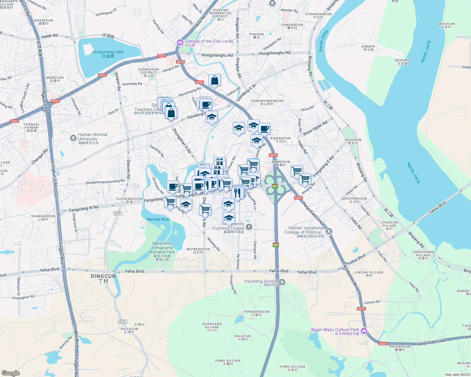 map of restaurants, bars, coffee shops, grocery stores, and more near Feng Xiang Dong Lu in Hai Kou Shi