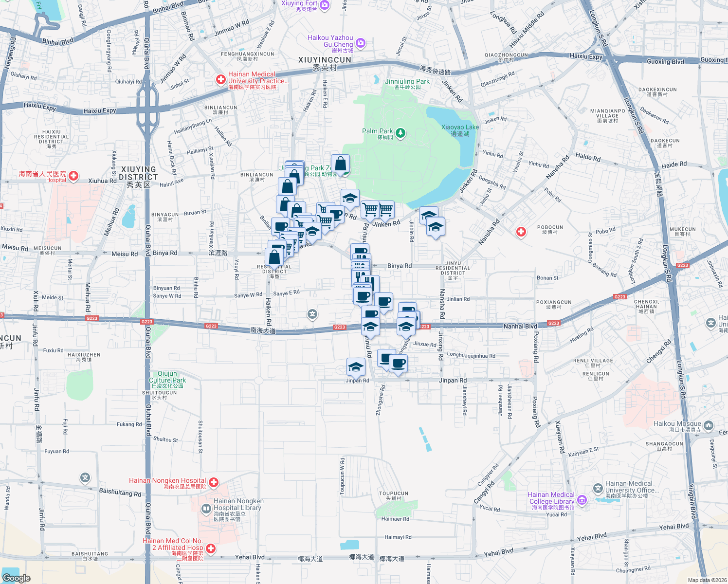 map of restaurants, bars, coffee shops, grocery stores, and more near Jin Niu Lu in Hai Kou Shi