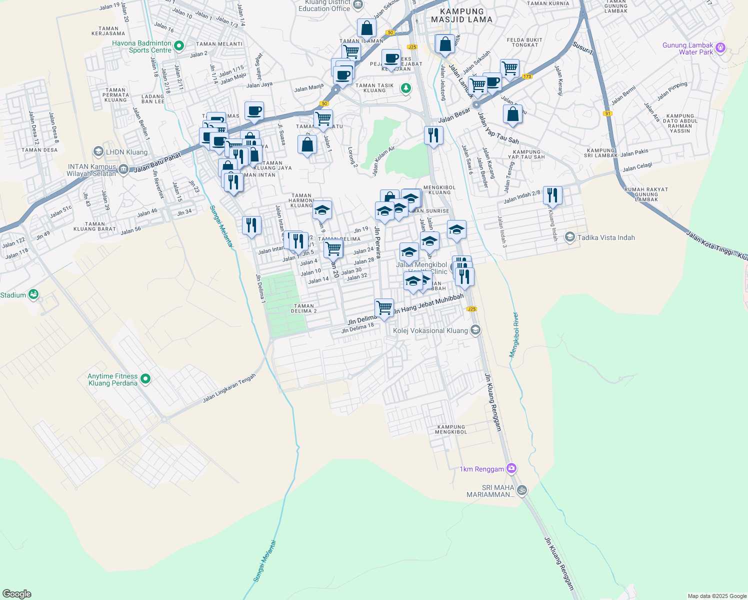 map of restaurants, bars, coffee shops, grocery stores, and more near Jalan Delima 2 in Kluang