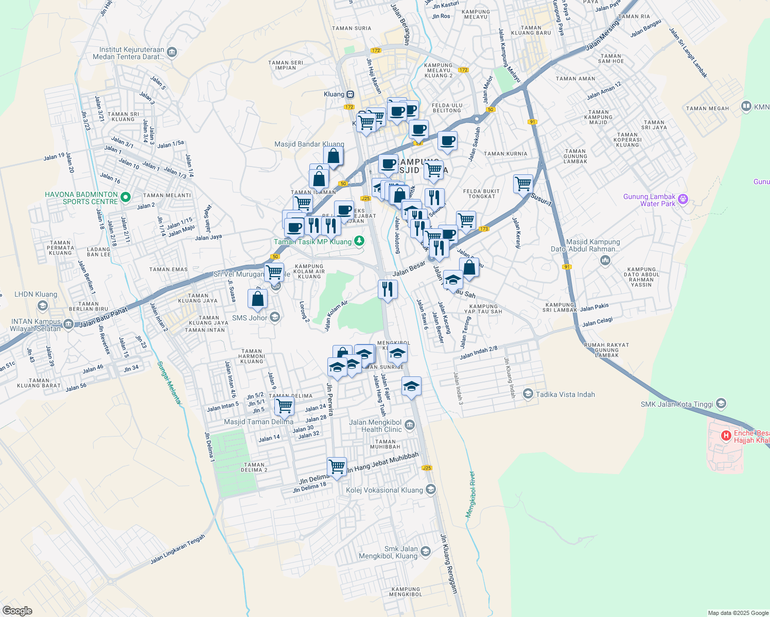 map of restaurants, bars, coffee shops, grocery stores, and more near Jalan Mengkibol in Kluang