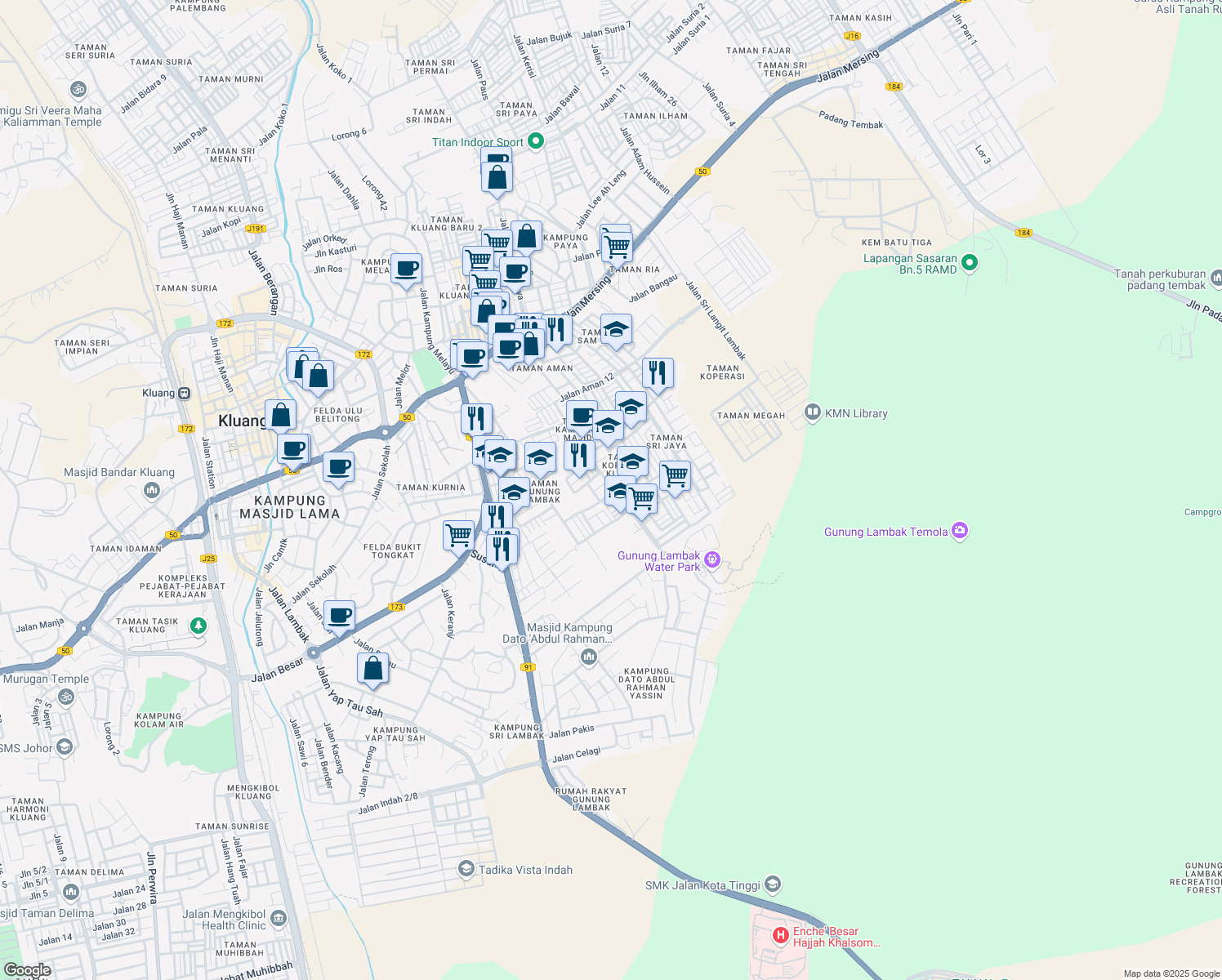 map of restaurants, bars, coffee shops, grocery stores, and more near Jalan Kampung Majid in Kluang