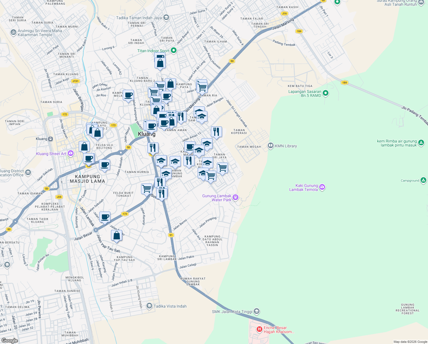 map of restaurants, bars, coffee shops, grocery stores, and more near Jalan Sri Kluang 27 in Kluang