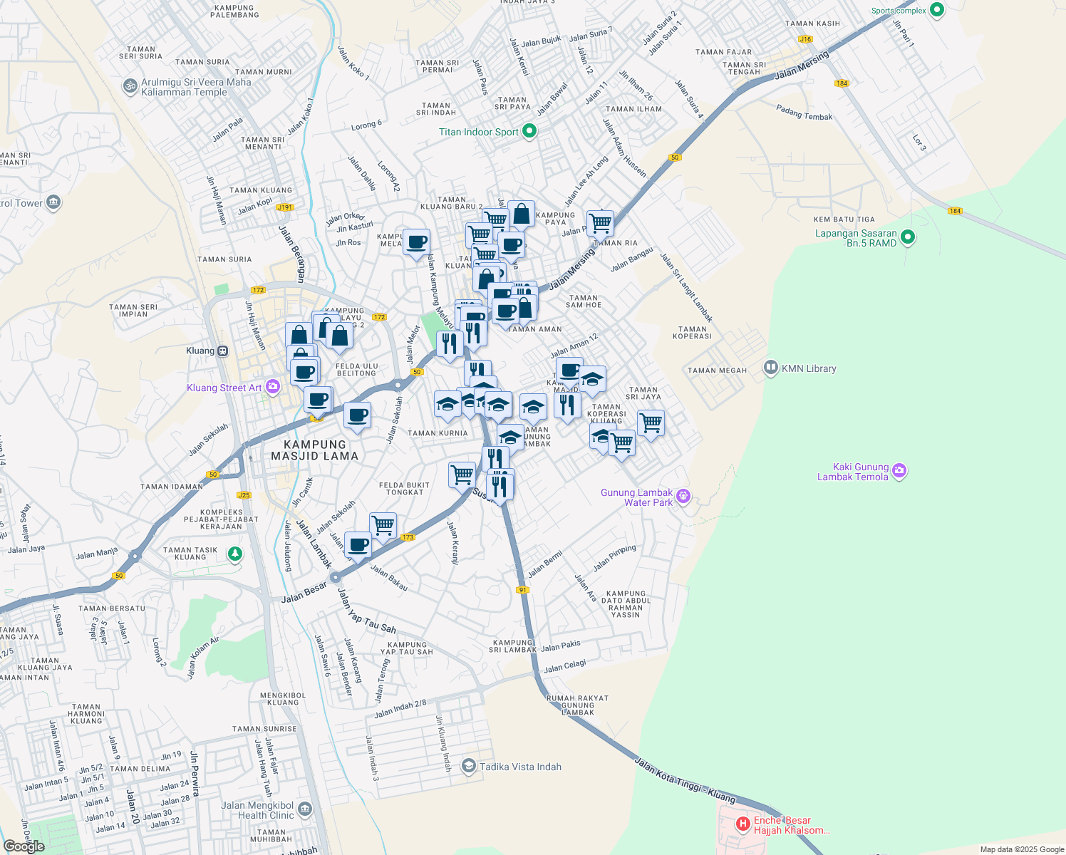 map of restaurants, bars, coffee shops, grocery stores, and more near 18 Jalan Gunung Lambak in Kluang