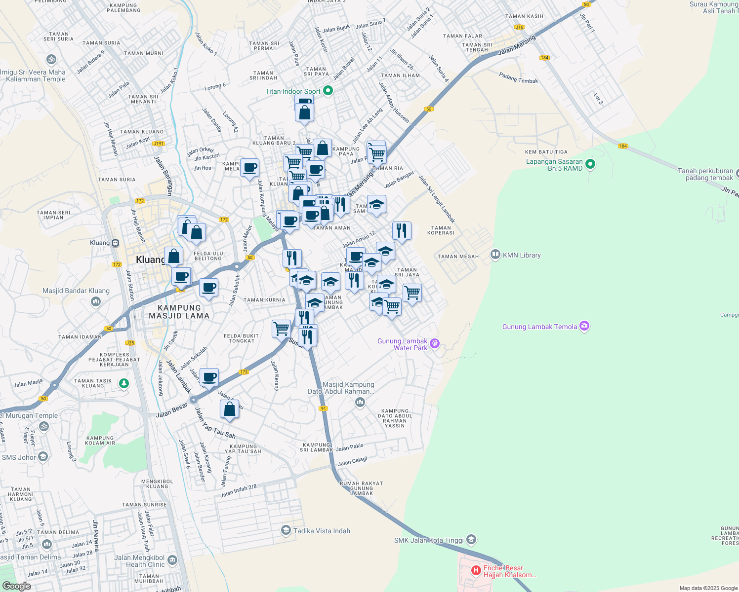 map of restaurants, bars, coffee shops, grocery stores, and more near Jalan Kampung Majid in Kluang
