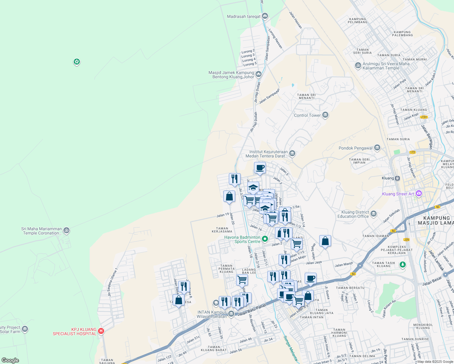 map of restaurants, bars, coffee shops, grocery stores, and more near Jalan Sri Kluang 27 in Kluang