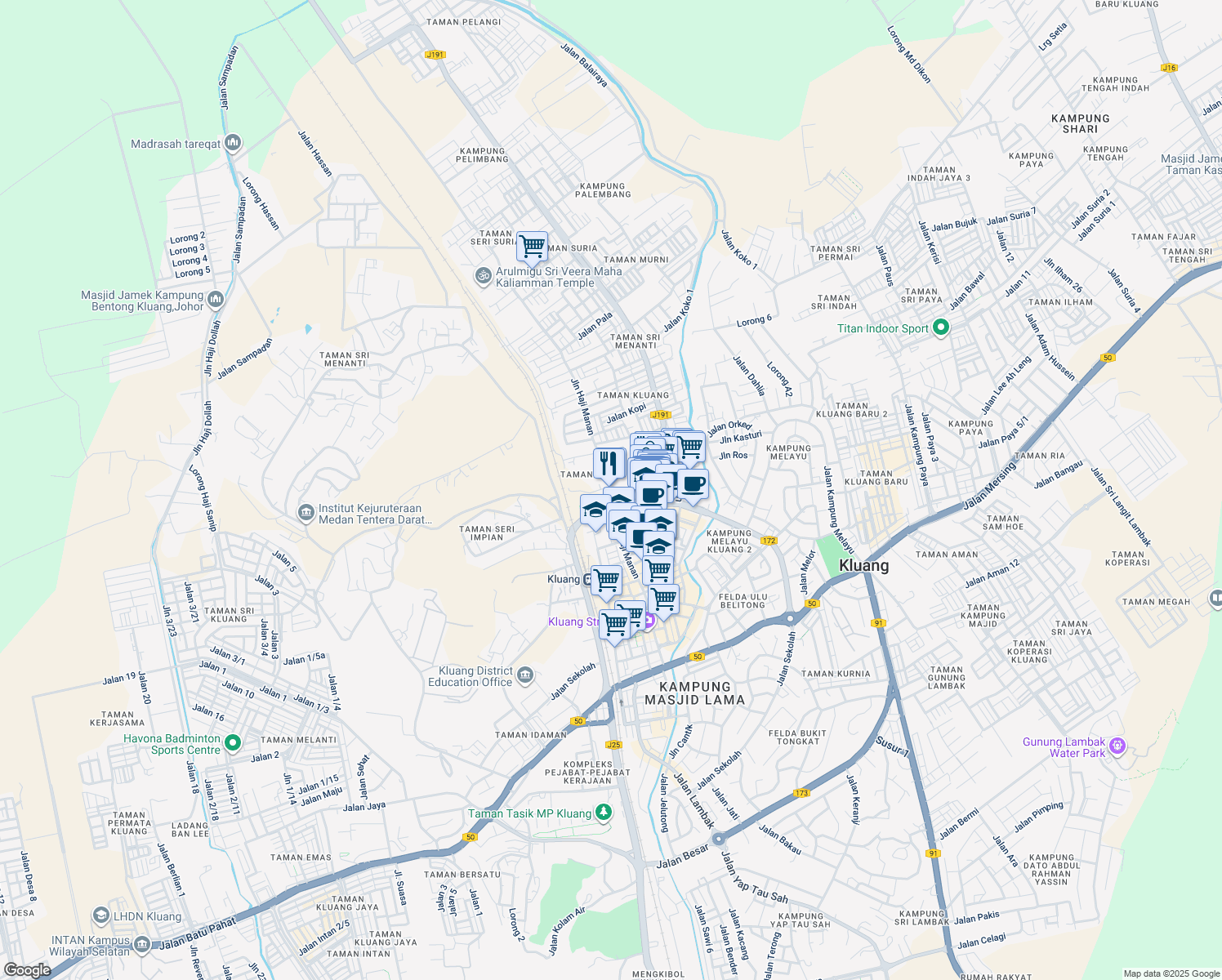 map of restaurants, bars, coffee shops, grocery stores, and more near Jalan Haji Manan in Kluang