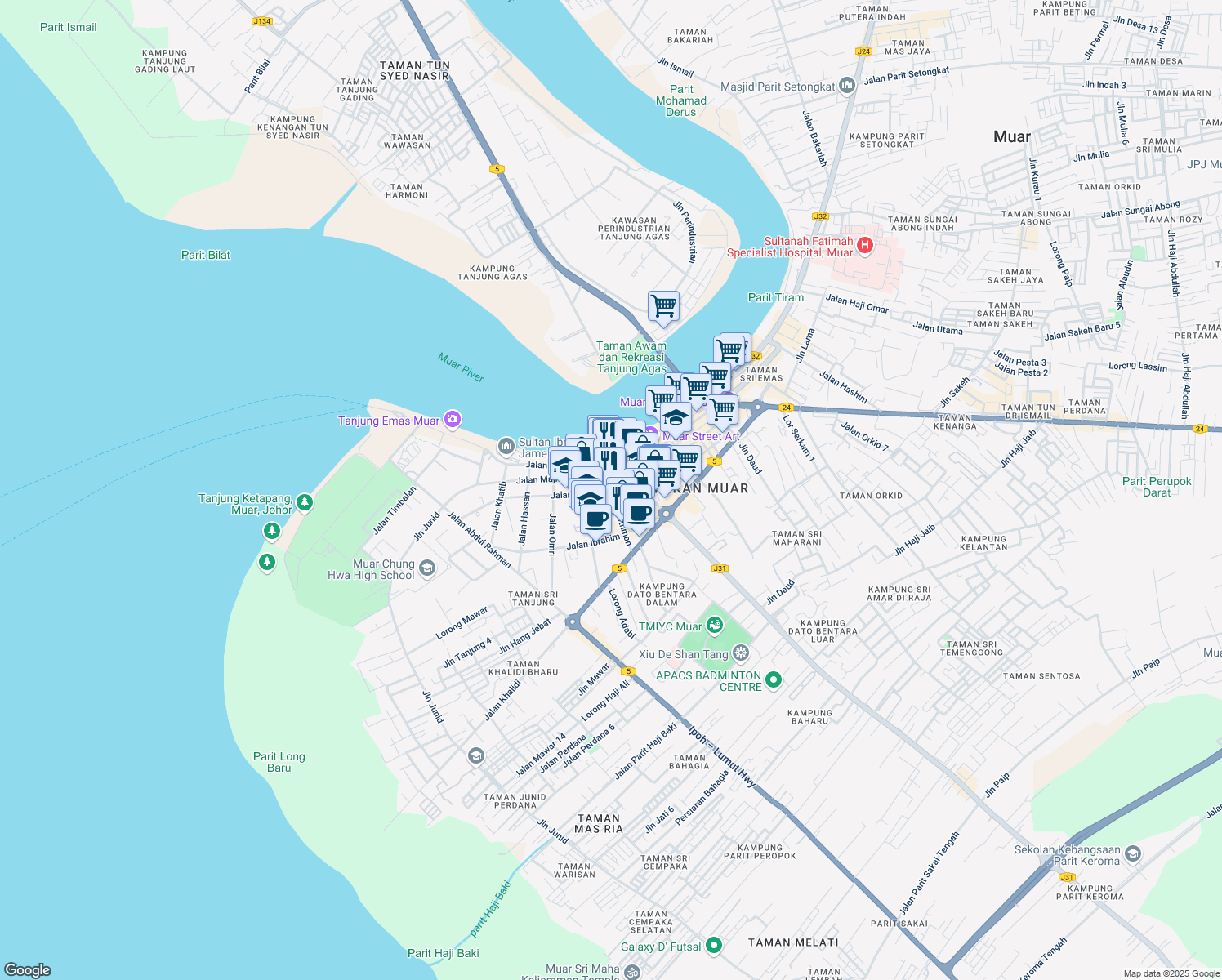 map of restaurants, bars, coffee shops, grocery stores, and more near Jalan Othman in Muar town
