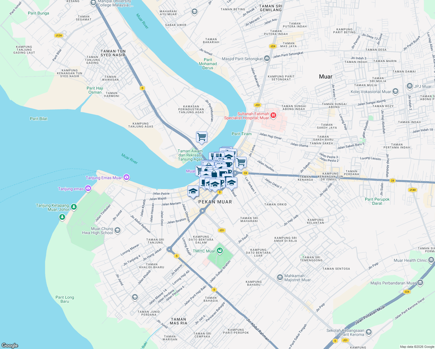 map of restaurants, bars, coffee shops, grocery stores, and more near Jalan Abdullah in Muar