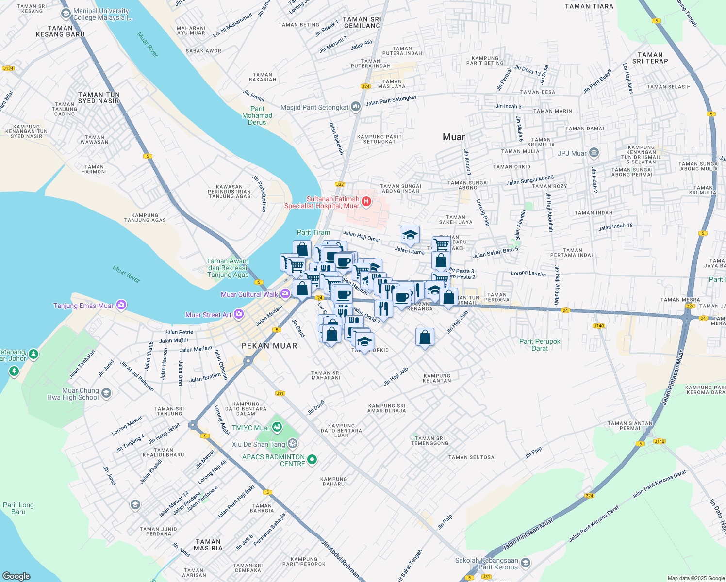 map of restaurants, bars, coffee shops, grocery stores, and more near Jalan Hashim in Muar town
