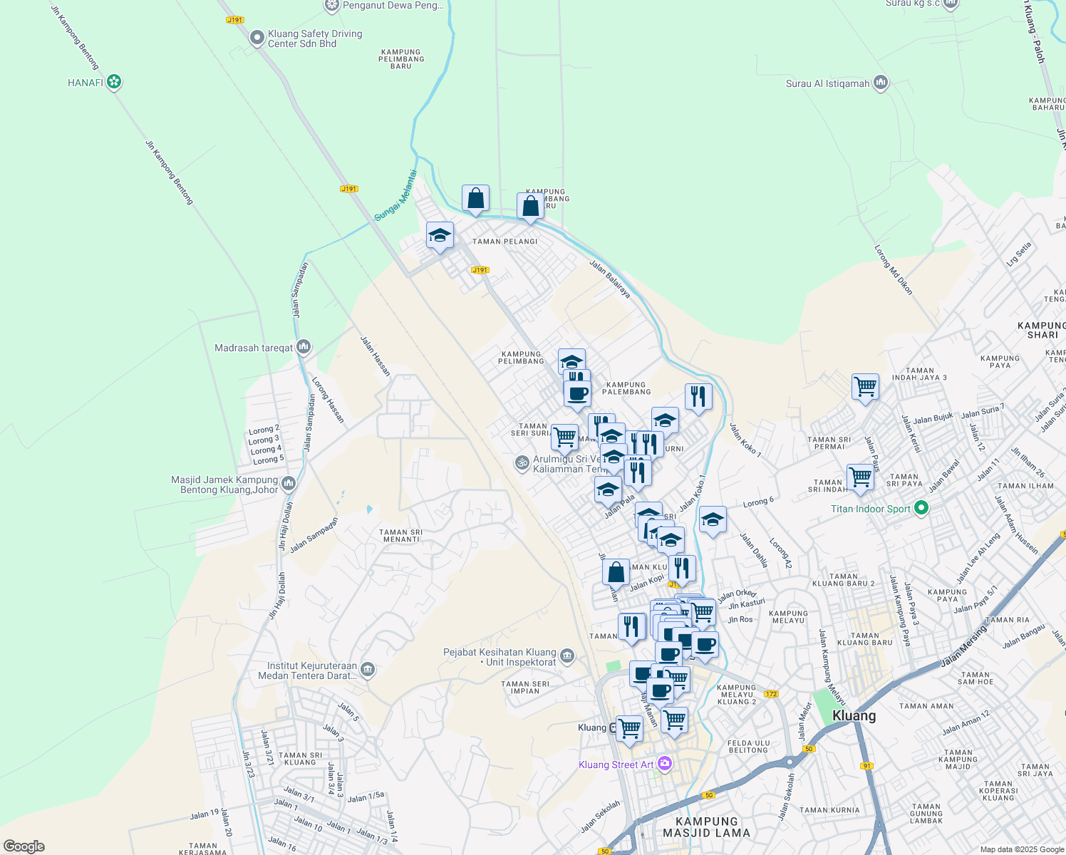 map of restaurants, bars, coffee shops, grocery stores, and more near in Kluang