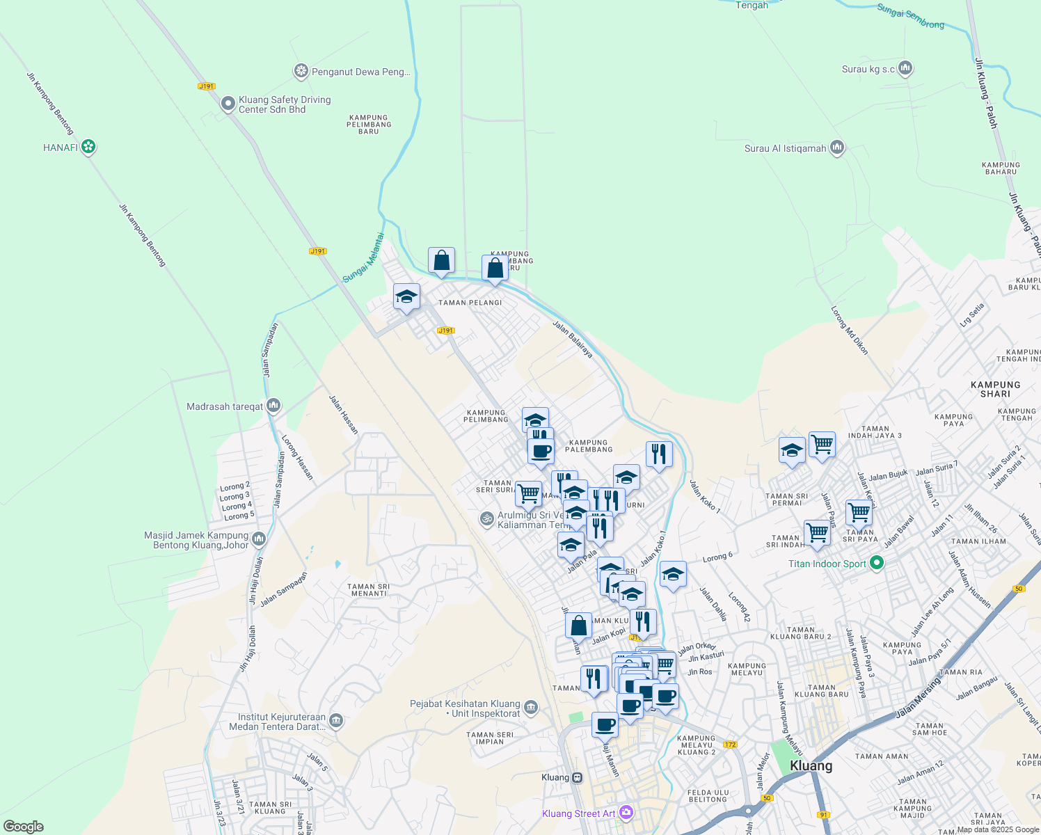 map of restaurants, bars, coffee shops, grocery stores, and more near Jalan Cahaya Pelangi in Kluang