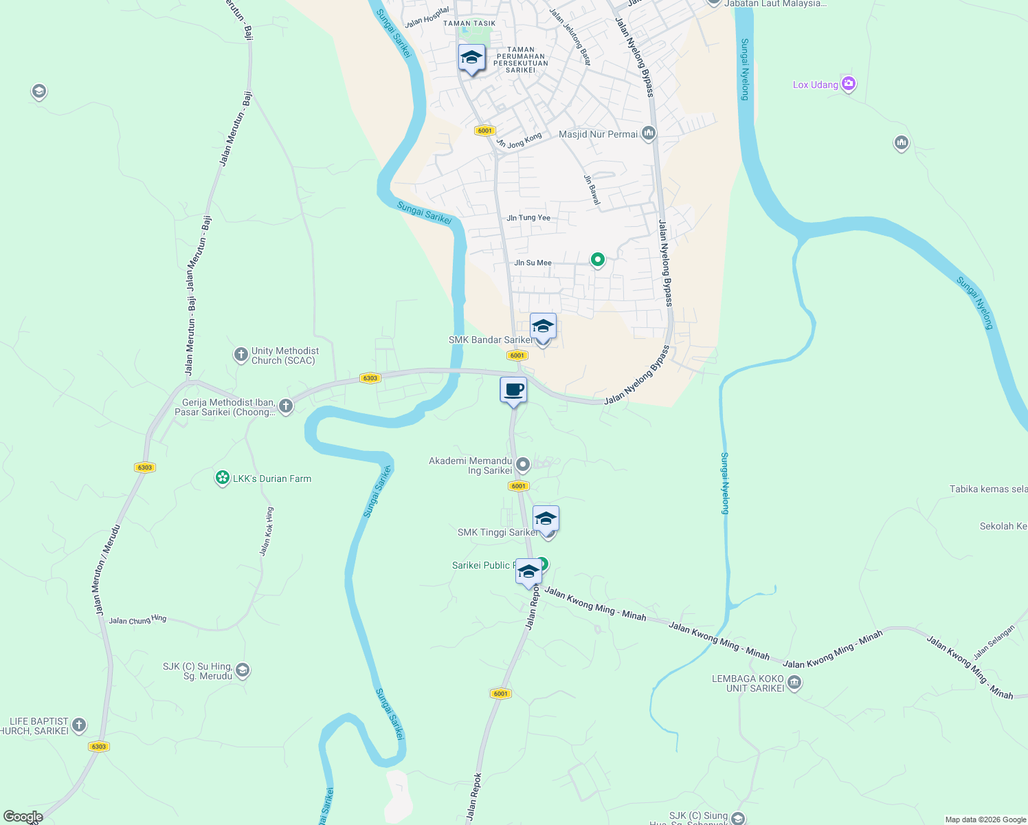 map of restaurants, bars, coffee shops, grocery stores, and more near Jalan Repok in Sarikei
