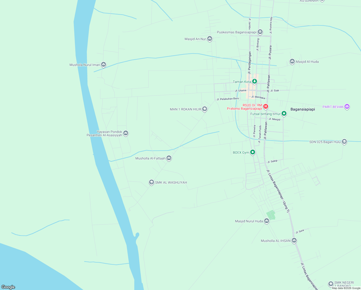 map of restaurants, bars, coffee shops, grocery stores, and more near Jalan Pelabuhan Baru in Kabupaten Rokan Hilir