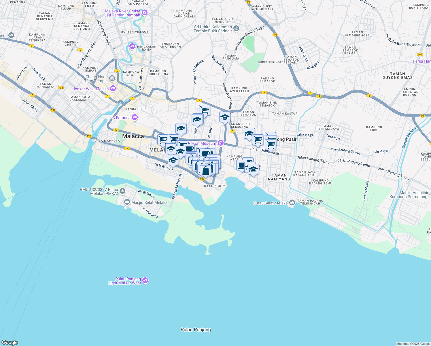 map of restaurants, bars, coffee shops, grocery stores, and more near Jalan Melaka Raya 23 in Malacca