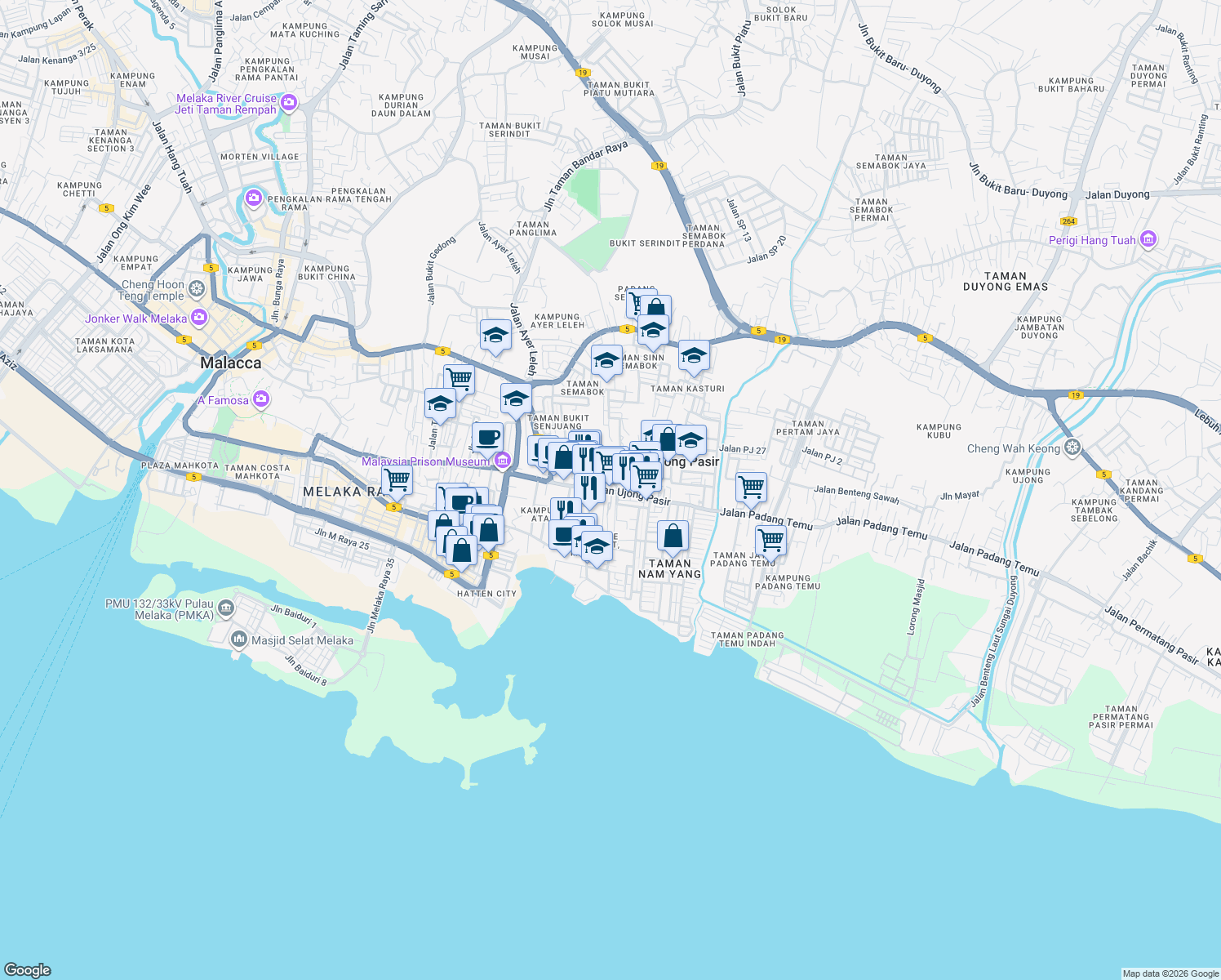 map of restaurants, bars, coffee shops, grocery stores, and more near Jalan Ujong Pasir in Malacca