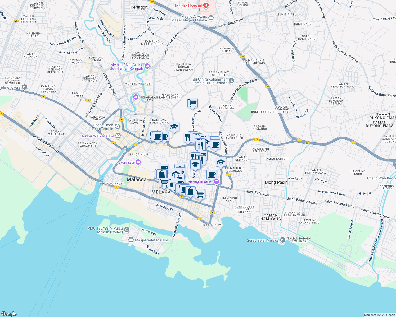 map of restaurants, bars, coffee shops, grocery stores, and more near Jalan Tamby Abdullah in Malacca
