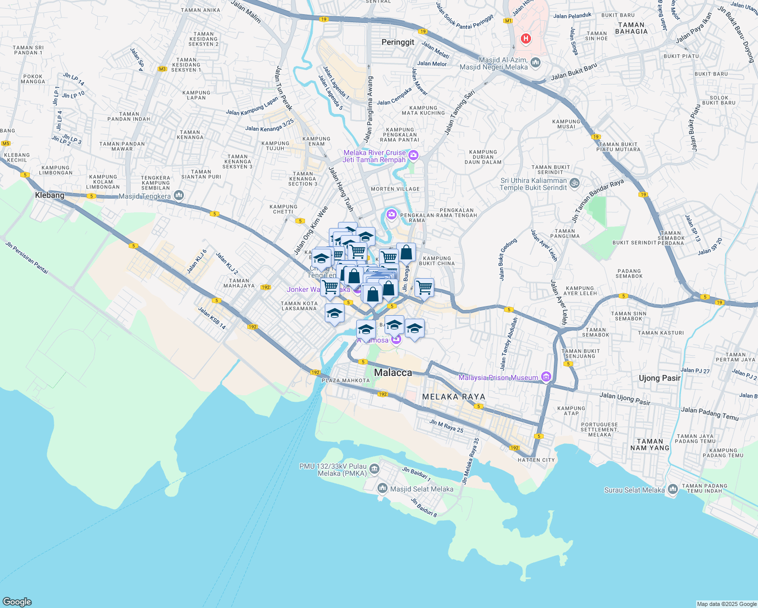 map of restaurants, bars, coffee shops, grocery stores, and more near Lorong Hang Jebat in Malacca
