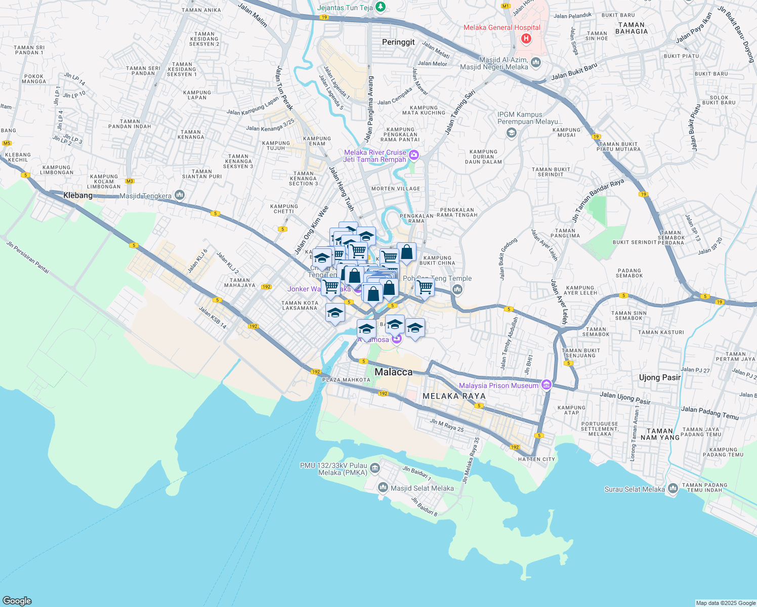 map of restaurants, bars, coffee shops, grocery stores, and more near 786 Lorong Hang Jebat in Melaka