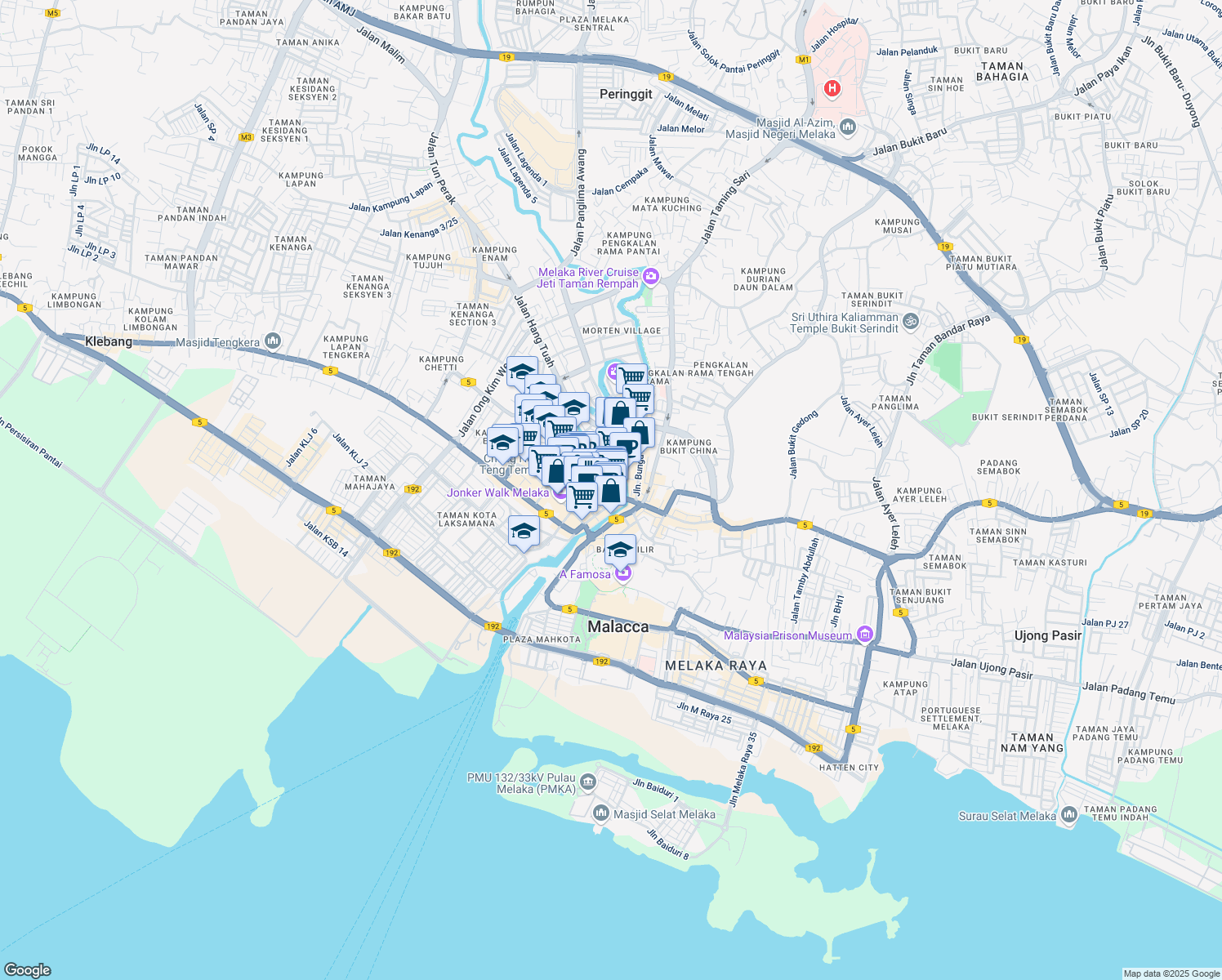 map of restaurants, bars, coffee shops, grocery stores, and more near Jalan Kampung Pantai in Melaka