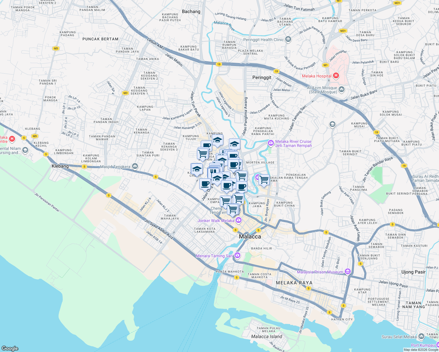 map of restaurants, bars, coffee shops, grocery stores, and more near 431 Jalan Ong Kim Wee in Melaka